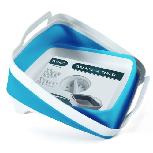 Image of FOSJGO Collapsible Dish Basin with Drain Plug, 2.4 Gal (9L) Space-Saving Foldable Sink, Wash Basin for Kitchen, Baby Bottles, Vegetable Washing, Camping, RV and Party Beverage Tubs (Sky Blue)