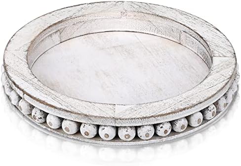 Kitchen Trays for Counter Decorative Round Rustic Wood Beaded Tray Wood Farmhouse Tray Circular Trays Beaded Pedestal Tray Stand for Kitchen Counter and Serving Tray (White)