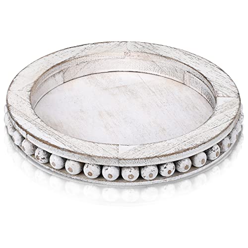 Kitchen Trays For Counter Decorative Round Rustic Wood Beaded Tray Wood Farmhouse Tray Circular Trays Beaded Pedestal Tray Stand For Kitchen Counter And Serving Tray (White) #TOP8