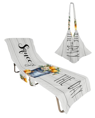 Lemon Flower Beach Chair Towel Covers for Chaise Lounge With Side Pocket, Soft Plush Pool Towels Cover for Patio Sunbathing Outdoor 29''x85'' Summer Farmhouse Barrel Wood Grain