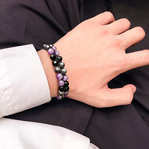Triple Protection Bracelet For Women/Men, Handmade Crystal Bracelets Natural Amethyst Black Onyx And Obsidian, Healing Bracelets Bring Luck Prosperity And Happiness (Purple Crystal+Black Agate) #TOP4