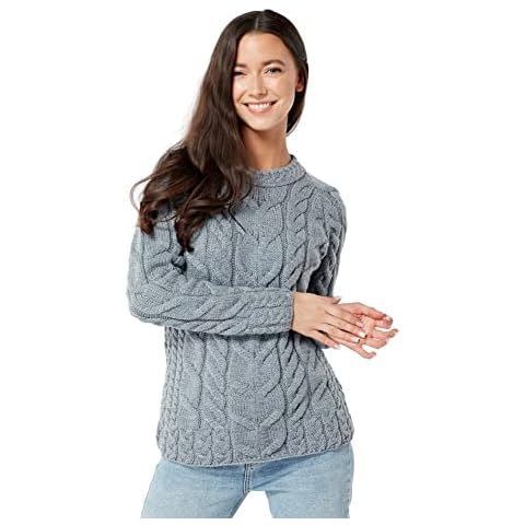 Aran Woollen Mills Ladies Multi Cabled Raglan Super Soft Merino Wool Sweater - Grey - Made in Ireland (Large) Cover