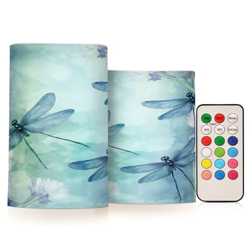 Image of Watercolour Dragonfly Flameless Candles, Flameless Candles with Remote Set of 2, Flameless Candles Battery Operated, Pillar Candles Home Decoration, Christmas, Party