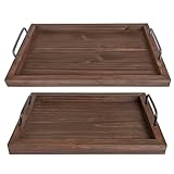 Besti Rustic Vintage Food Serving Trays (Set of 2) | Nesting Wooden Board with Metal Handles | Stylish Farmhouse Decor Serving Platters | Large: 15 x2 x11” - Small: 13 x2 x9” inches (Rustic Burnt)