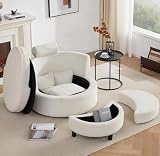 AYEASY Round Swivel Accent Chair, Oversized Barrel Swivel Chair with Storage Ottoman, Swivel Chairs for living room with Base Storage,360°Modern Swivel Chair with 3 Pillows for Home,Teddy Fabric,White