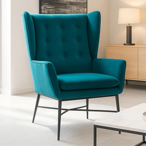Ya-Home Fauteuils de Salon Confortable en Velour Fauteuil Scandinave avec Pieds en Métal Chaises de Lecture Relaxantes à Dos de l'Aile (Teal)