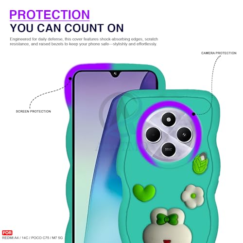 Image of AESTMO Back Case Cover for Redmi A4 / 14C / Poco C75 / M7 5G | 3D Cute Fun Cartoon Characters | Anti Slip Grip Cute Wave Curly Frame Shape | Full Body Protection Back Cover (Mint Green)