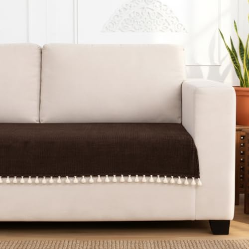 Image of HOMEMONDE 2 Seater Sofa Cover with Tassels |Soft, Durable & Textured Chenille Fabric with Tassels | Sofa Cover Mats for Living Room, Bedroom, Drawing Room & Office (76 X 122 CM, Brown)