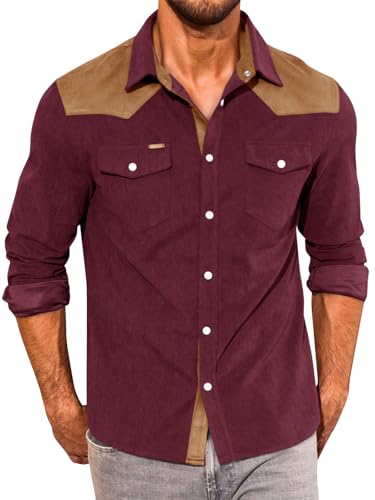Image of Yousify Mens Western Cowboy Shirt Retro Corduroy Shirts with Pockets | Long Sleeve, Button Down, Vintage Snap Shirt, Country Shacket Jackets