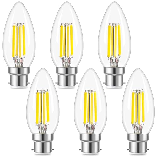 B22 LED Bayonet Cap Candle Light Bulbs, C35 Dimmable Vintage BC Energy Saving Light Bulb, 6.5 Watt Equivalent to 60 Watt, 850 Lumens 5000K Neutral White Bulb for Living Room, Pack of 6