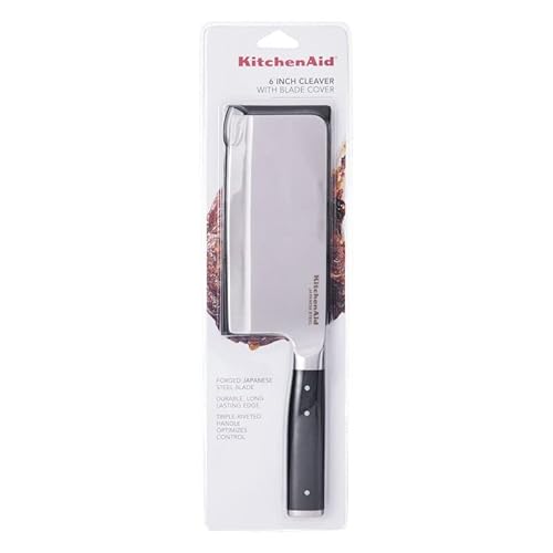 Kitchenaid Gourmet Forged Triple Rivet Cleaver Knife With Custom Fit Blade Cover, 6 Inch, Sharp Kitchen Knife, High Carbon Japanese Stainless Steel Blade, Meat Cleaver, Black #TOP7