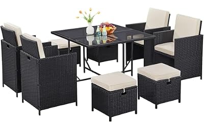 Yaheetech 9-Piece Patio Dining Sets, Outdoor Space Saving Rattan Chairs with Glass Table, Wicker Sectional Conversation Furniture Set with Removeable Cushions, Black/Beige