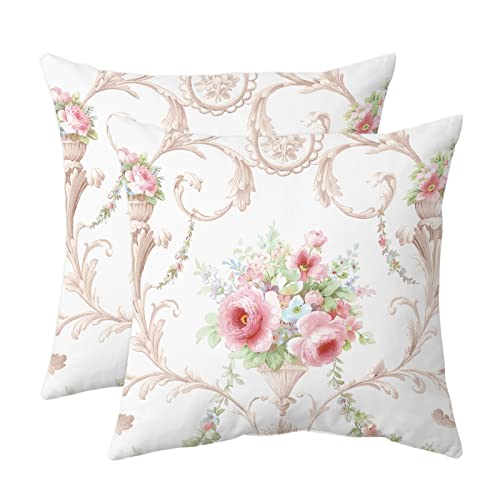 Lot de 2 housses de coussin décoratives vintage à motif floral rose - Style rustique - Style shabby chic - Pour extérieur, chambre à coucher, salon,...