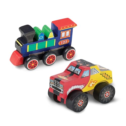Image of Melissa & Doug Created by Me! Paint & Decorate Your Own Wooden Vehicles Craft Kit For Kids 2 Pack - Monster Truck, Train