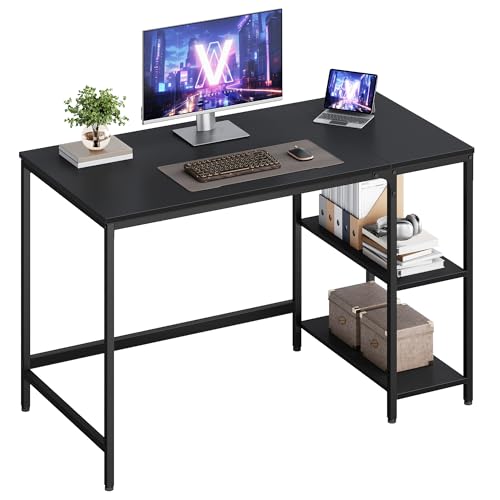 VASAGLE Schreibtisch, Computertisch, PC-Tisch, Bürotisch, mit 2 Ablagen auf der rechten oder linken Seite, fürs Büro, Wohnzimmer, Stahlgestell, Industrie-Design, schwarz LWD047B16