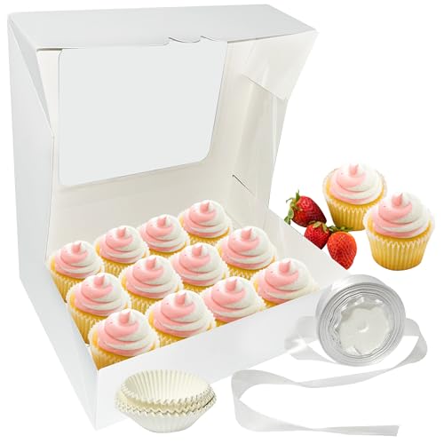 Set of 6 boxes Cupcake boxes with a clear window for 12 cupcakes Includes 72 cupcake molds and white ribbon. Disposable cupcake Carrier, ideal for baking, parties ,and birthdays, cupcakes carrier