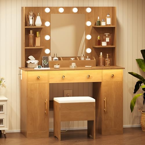 Image of HUANLEGO Vanity Desk with Mirror and Lights, Wood Makeup Vanity with Charging Station & Stool, 3 Drawers and Cabinets, Farmhouse Vanity Mirror with RGB LED Lights Makeup Desk and Chair for Women