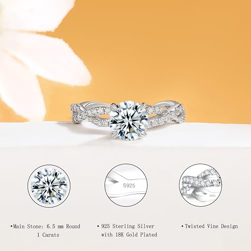 SILVERNANA Twisted Vine Moissanite Engagement Ring for Women Sterling Silver 1ct Round Cut Moissanite Promise Wedding Ring Size 10 — view 2