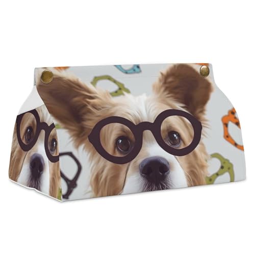 Tissue Box Cover, Funny Dog Glasses Tissue Box Holder, PU Stylish Decorative Holder with Snap Closure, Easy Refill & Durable Design for Home, Car & Office, All Occasions