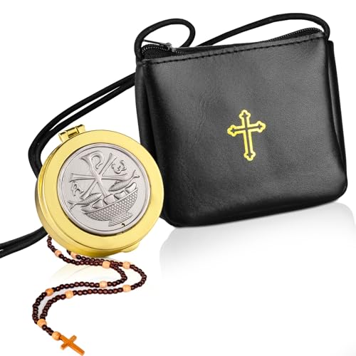 Huhumy 2 Pcs Leather Communion Burse for Pyx with Gold Latin Cross Container Catholic Budded Gold Toned Case Cross Pyx Bag for Communion Priests Deacons Eucharist Holy Gift(Stylish Style,Fish)