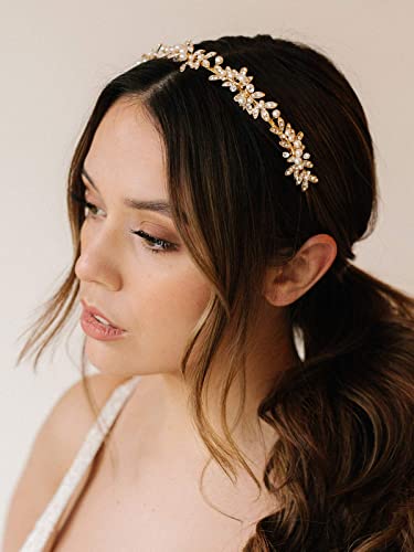 Sweetv Rhinestone Bridal Headband Gold Crystal Tiara For Women Pearl Wedding Headpieces For Bride Hair Accessories For Prom Birthday Party #TOP1