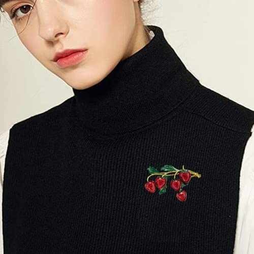 Image of Fashion Fruit Brooch Pin for Women Girls Gold Tone Cute Enamel Red Strawberry Green Leaf Branch Brooches Lapel Creative Dress Accessories Jewelry Dainty Retro Gift