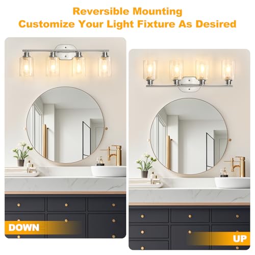 Image of Unicozin Bathroom Light Fixtures, 4 Light Vanity Lights for Bathroom, Brushed Nickel Wall Lamp with Clear Glass for Mirror, Living Room, Hallway, Cabinet, E26 Base