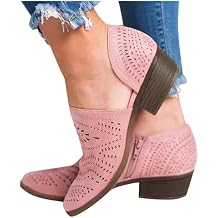 ZBYY Womens Ankle Boots Low Heels Chunky Cutout Booties Closed Toe Perforated V Cut Western Shoes Slip-on Short Boots
