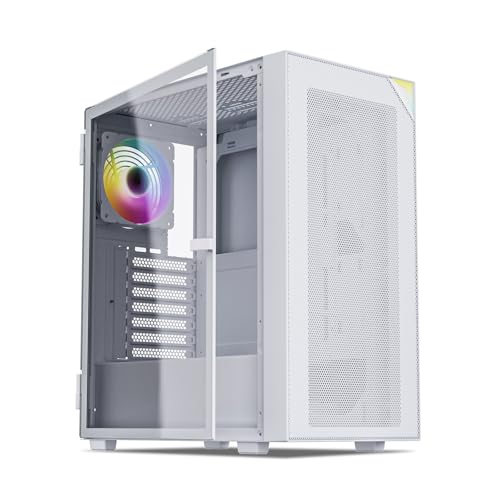 Vetroo AL800 Mid Tower ATX PC Computer Case - Door Opening Design Tempered Glass, Adjustable LED Strip, Pre-Installed ARGB & PWM FDB Fan in Rear, Support for 50 Series GPUs - White