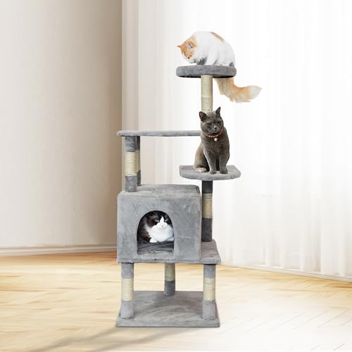 51-Inch Cat Houses for Indoor Cats, Multi-Level Cat Activity Tree with Sisal-Wrapped Scratching Posts, Cozy Plush Perch, Climbing Ramp, Plush Toys, Interactive Features, Design for Playful Cats