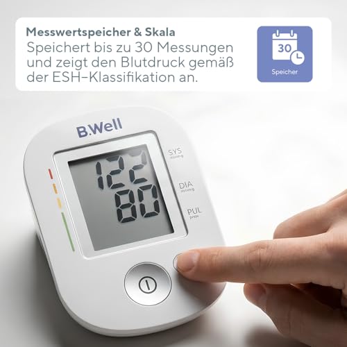 B.Well Swiss Automatisches Oberarm-Blutdruckmessgerät PRO-35, klinisch validierter Blutdruckmesser Arrhythmie- und Vorhofflimmern-Erkennung und 30 Speicherplätzen, Inkl. waschbarer Manschette, Größe M