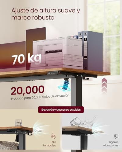 VASAGLE Escritorio Eléctrico Ajustable en Altura, Escritorio para Ordenador, Recordatorio de Sedentarismo, Función de Memoria con 4 Alturas, para Oficina, 100 x 60 cm, Marrón Rústico LSD310KD03 - imagen 5