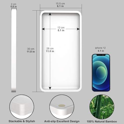 Image of Weenson Bathroom Vanity Tray for Countertop Toiletries Makeup Decor Perfume Candles, Kitchen Tray for Soap Dispenser Spice Salt Coffee, Toilet Tank Tray Bamboo11.81 inch L x 6.1 inch W x 0.79 inch H (White)