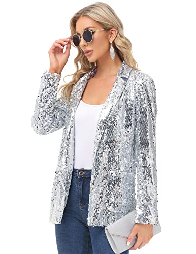 Women's Casual Sequin Blazer Long Sleeve Open Front Shiny Sparkle Jacket For Party Night Clubwear Silver S #TOP1