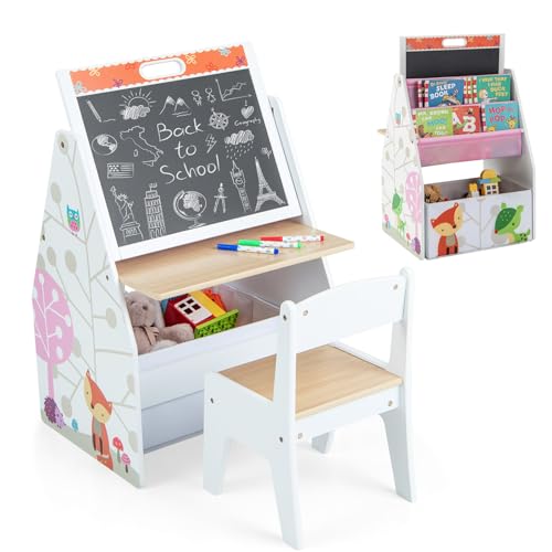 LIFEZEAL Juego de Mesa y Silla Infantil, Escritorio Infantil de Madera con Pizarra para Pintar y Espacio de Almacenamiento, Caballete Ajustable con Silla para Niños 3 Años+ (Blanco)