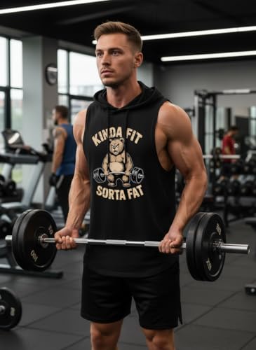IRON PANDA Men's Workout Hooded Tank Tops Sleeveless Gym Hoodies Bodybuilding Muscle Shirts-Kinda FIT Sorta Fat Hooded Tank Black