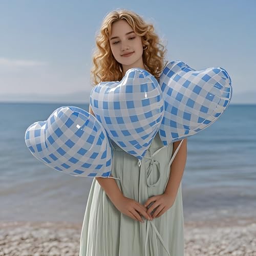 Image of 10 Pcs Blue Checked Heart Balloons, 18 Inch Pastel Blue And White Plaid Heart Shaped Balloon For Romantic Wedding Propose Valentine Engagement Bridal Shower Love Graduation Party Decorations