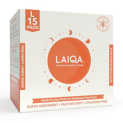 Image of LAIQA Ultra Soft Moderate Flow Sanitary Pads for Women| 10 Large Premium Pads with 10 Disposable Bag + 2 Free Pantyliners|Made with Natural Fibers|Rash-Free Pads with 4 wings|No Chlorine|No Fragrance