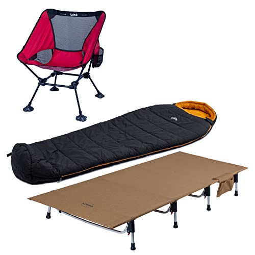 Iclimb 1 Anti-Sinking Folding Chair And 1 Super Easy Assemble Cot And 1 3M Thinsulate Insulation Warm Sleeping Bag Bundle, Ultralight Compact For Single Person Backpacking Camping #TOP13