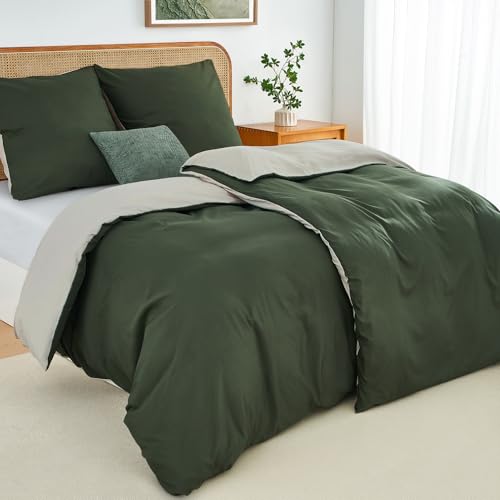 Duvetnova Bettwäsche 135x200 4teilig Olivgrün/Beige Bettwäsche-Sets Microfaser ÖKO-TEX Wendebettwäsche, weich & bügelfrei 2 Bettbezüge 135 x...