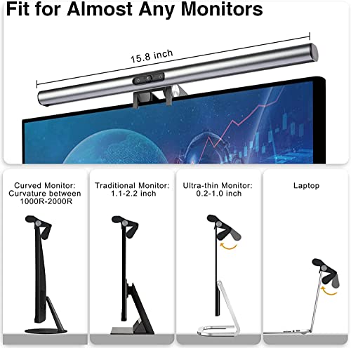 Image of Troner Monitor Screen Light Bar with Smart Touch Sensor and 1080P Webcam|USB Powered LED| 3 Color Temperature Modes,Stepless Dimming,No Screen Glare Eye Health Care (Silver) (Webcam)