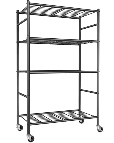 Image of Sakugi 4-Tier Storage Shelves 33.1 inch x12.6 inch x58.9 inch Black with Wheels | Kitchen, Closet, Pantry, Garage, Heavy Duty, Adjustable Feet, Metal Construction