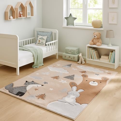 Pergamon Tapis Enfant Grsi Beige Maui Kids Renard et Ours, Tapis à Poils Courts pour Chambre d'enfant, Disponible en 5 Tailles