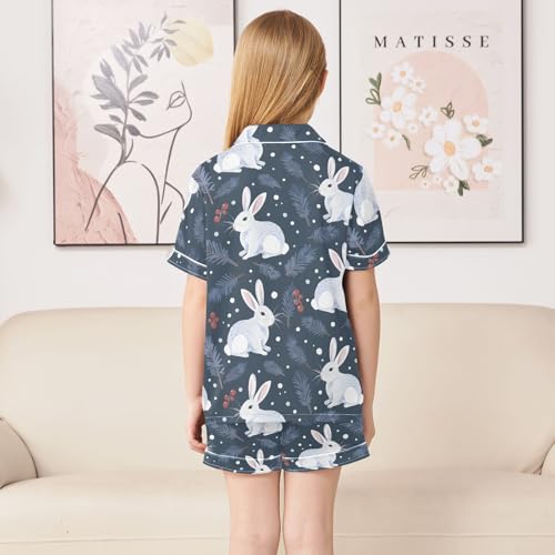 ALAZA Winter Rabbit Snowflake Blue Satin Pajamas Set Short Sleeve Button Down Sleepwear Summer Pjs 2 Piece4