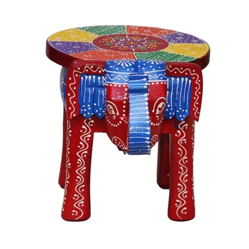 Image of Hand-Crafted and Colorful Emboss Painted Wooden Elephant Shape Stool Gardan Table,Decorative Showpiece (8 Inches Height, Red)