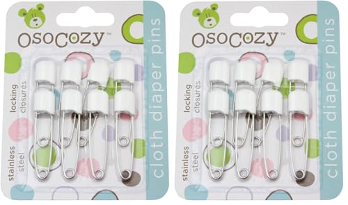 Image of OsoCozy Diaper Pins - Sturdy, Stainless Steel with Safe Locking Closures - 8 Count (Pack of 2) - White - Colorful Laundry Pins