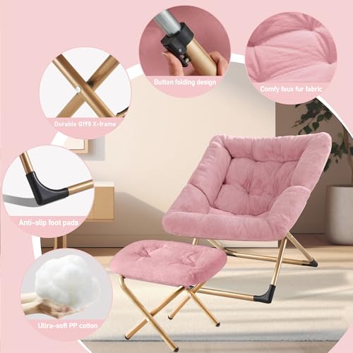 Youtanic Comfy Oversized Saucer Chair with Ottoman,Soft Faux Fur Reading Lounge Chair for Adults,Stable X-Large Metal Frame and Non-Slip Pad,Cozy Chair for Bedroom, Living Room, Dorm, Office, Pink by Youtanic - Image 4