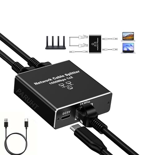 Image of Ethernet Splitter 1 to 2 Gigabit 1000Mbps - RJ45 LAN Network Adapter Hub with USB-C Power, Cat8 /Cat7 /Cat6 /Cat5e Compatible - Plug & Play Internet Cable Splitter for 2 Devices, Black ETHSP-1B2
