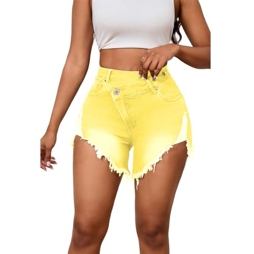 Image of PINSV Women's High Waisted Crossover Jean Shorts Ripped Raw Hem Summer Hot Denim Shorts Yellow L
