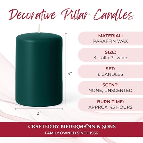 Biedermann & Sons Evergreen Pillar Candles (6 Pack), 4 Inch Tall 3 Inch Wide Round, Unscented Paraffin Wax, Approx 40 to 45 Hour Burn, Dripless Decorative Candles for Centerpieces by Biedermann & Sons - Used condition - Image 4